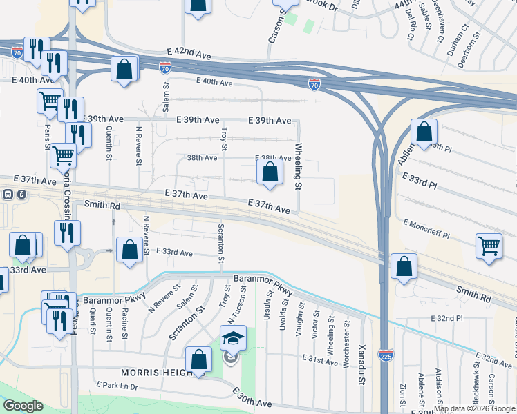 map of restaurants, bars, coffee shops, grocery stores, and more near 13331 East 37th Avenue in Denver