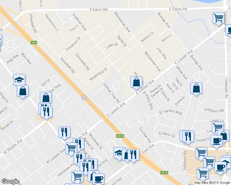 map of restaurants, bars, coffee shops, grocery stores, and more near 555 Morgan Drive in Chico