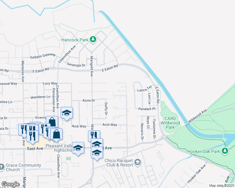 map of restaurants, bars, coffee shops, grocery stores, and more near 2 Harkness Court in Chico