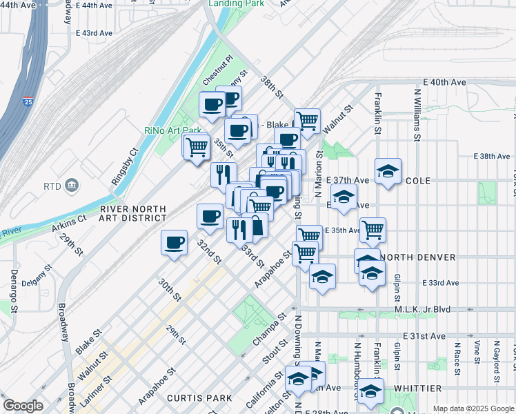 map of restaurants, bars, coffee shops, grocery stores, and more near in Denver