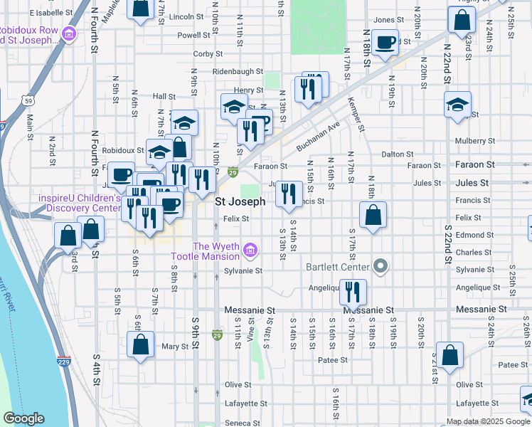 map of restaurants, bars, coffee shops, grocery stores, and more near 1210 Felix Street in Saint Joseph