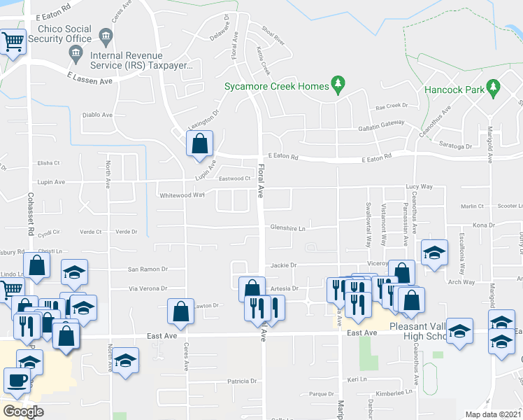 map of restaurants, bars, coffee shops, grocery stores, and more near 2 Pauletah Place in Chico