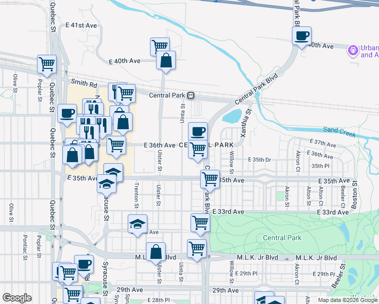 map of restaurants, bars, coffee shops, grocery stores, and more near 3558 Uinta Street in Denver