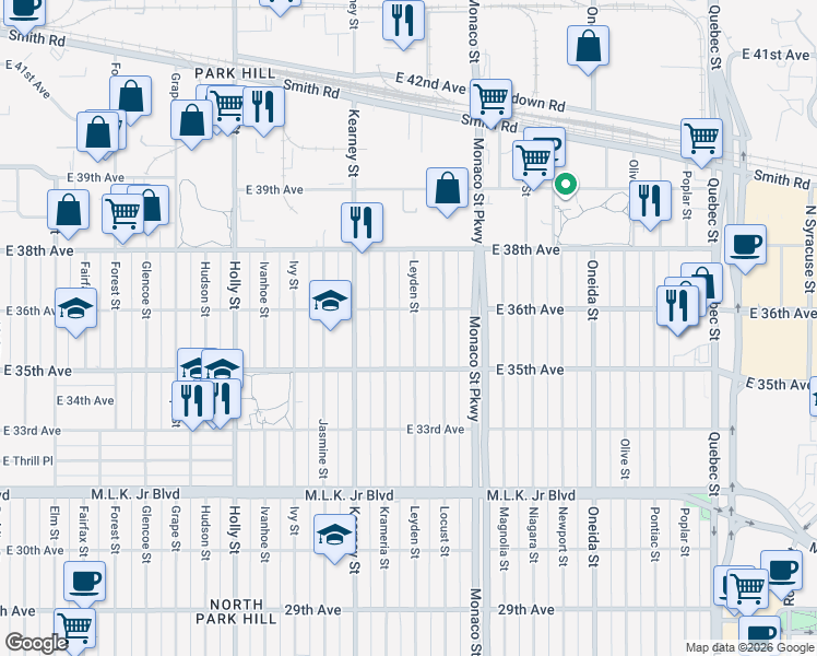 map of restaurants, bars, coffee shops, grocery stores, and more near 3540 Krameria Street in Denver