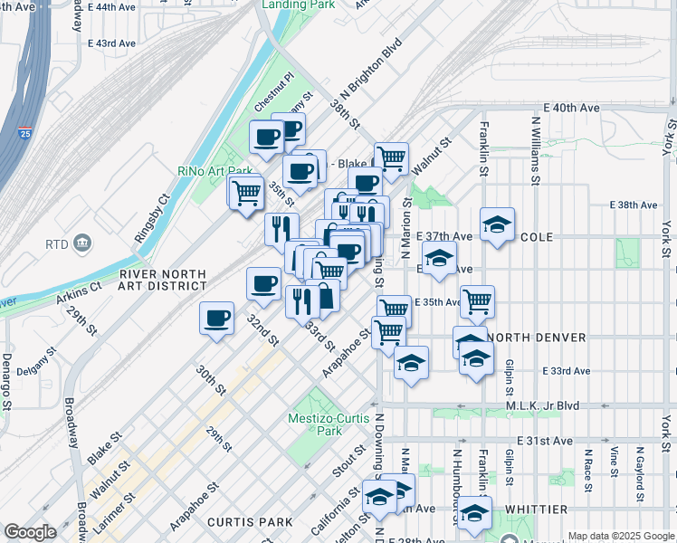 map of restaurants, bars, coffee shops, grocery stores, and more near in Denver