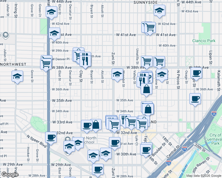 map of restaurants, bars, coffee shops, grocery stores, and more near 3541 Zuni Street in Denver