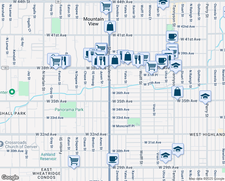 map of restaurants, bars, coffee shops, grocery stores, and more near 3540 Zenobia Street in Denver