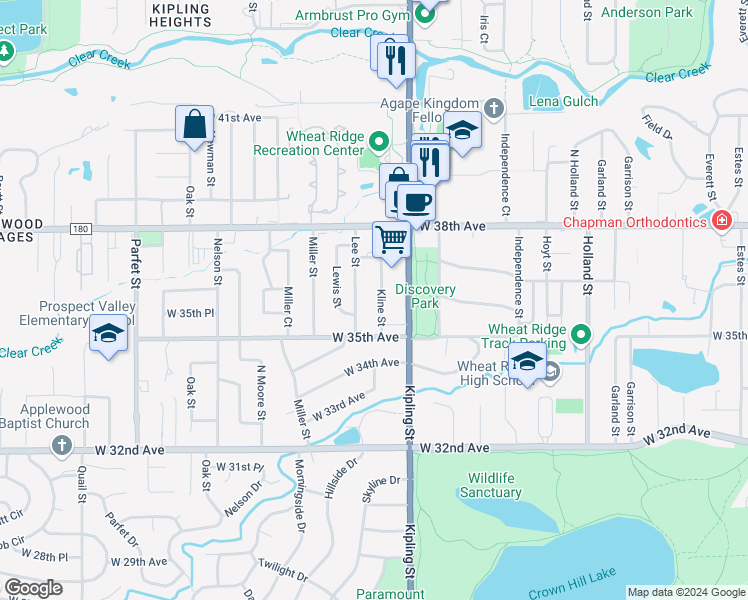 map of restaurants, bars, coffee shops, grocery stores, and more near 3555 Kline Street in Wheat Ridge