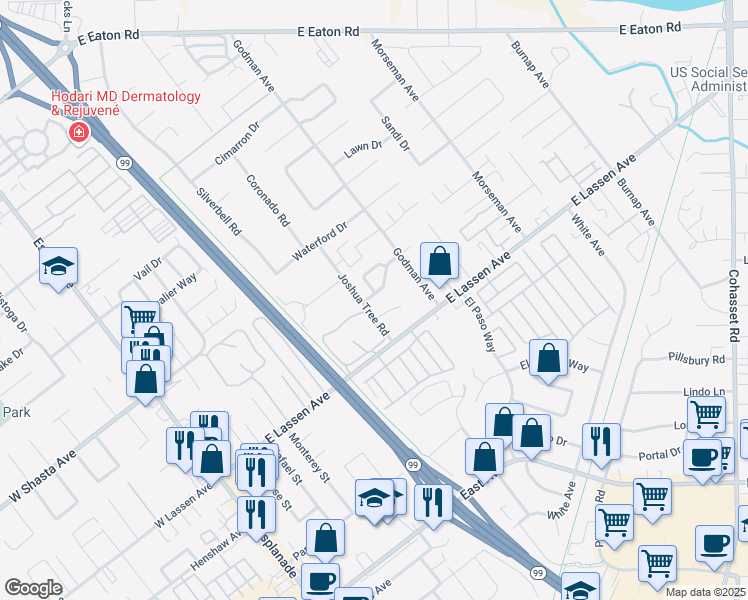 map of restaurants, bars, coffee shops, grocery stores, and more near 560 East Lassen Avenue in Chico