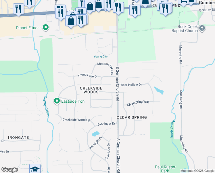 map of restaurants, bars, coffee shops, grocery stores, and more near 10916 Spring Green Drive in Indianapolis