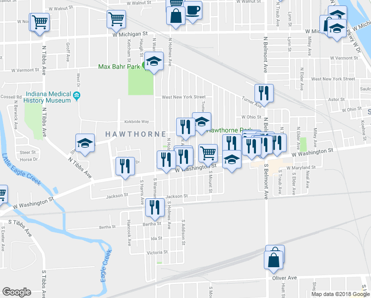 map of restaurants, bars, coffee shops, grocery stores, and more near 32 North Belleview Place in Indianapolis