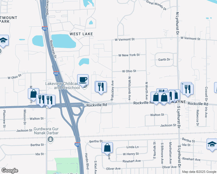 map of restaurants, bars, coffee shops, grocery stores, and more near 46 North Mickley Avenue in Indianapolis