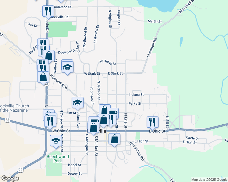 map of restaurants, bars, coffee shops, grocery stores, and more near Indiana Street in Rockville