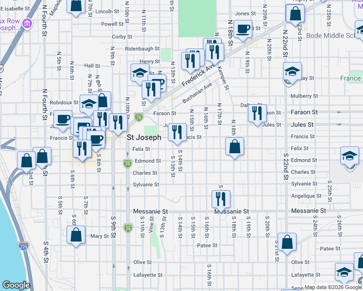 map of restaurants, bars, coffee shops, grocery stores, and more near 1304 1/2 Felix Street in Saint Joseph