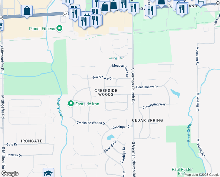 map of restaurants, bars, coffee shops, grocery stores, and more near 10817 Green Meadow Place in Indianapolis