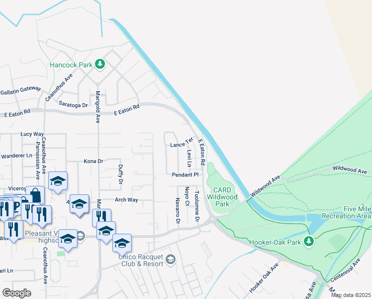 map of restaurants, bars, coffee shops, grocery stores, and more near 2815 Levi Lane in Chico