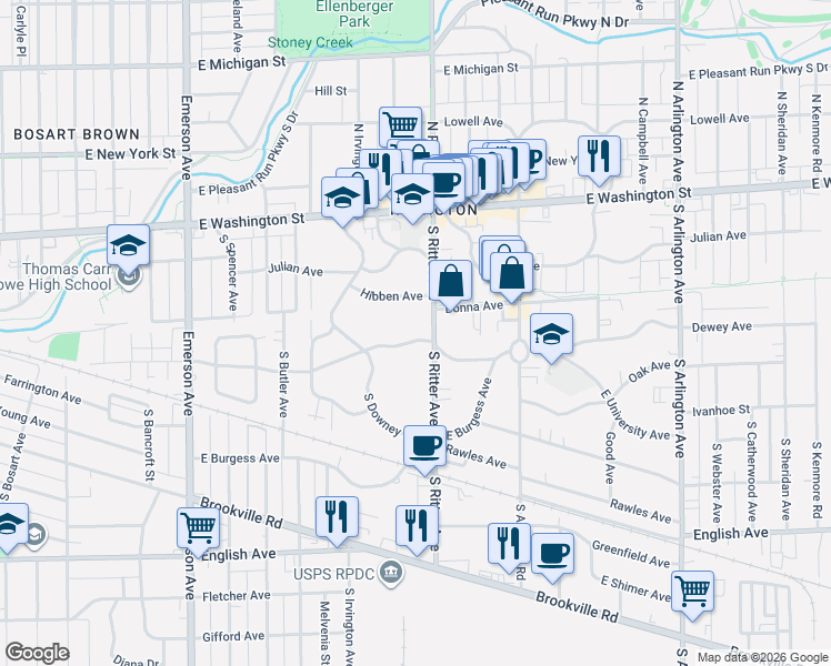 map of restaurants, bars, coffee shops, grocery stores, and more near 5451 East University Avenue in Indianapolis