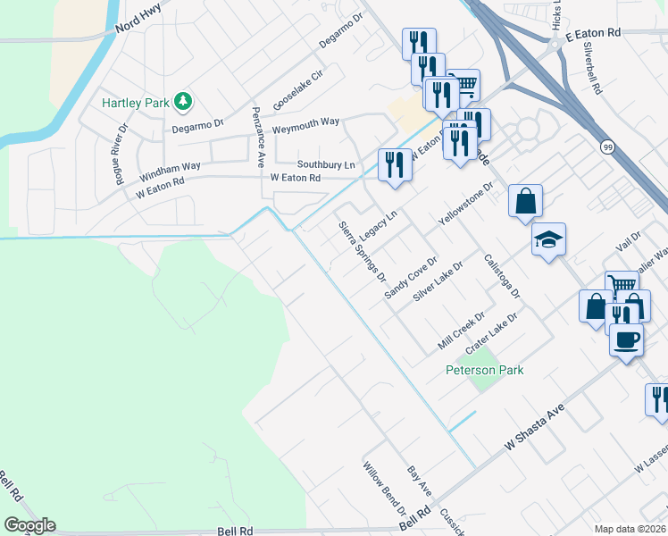 map of restaurants, bars, coffee shops, grocery stores, and more near 425 Legacy Lane in Chico