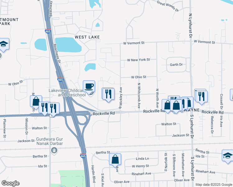 map of restaurants, bars, coffee shops, grocery stores, and more near 46 North Mickley Avenue in Indianapolis