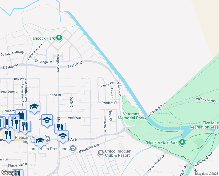 map of restaurants, bars, coffee shops, grocery stores, and more near 2815 Levi Lane in Chico