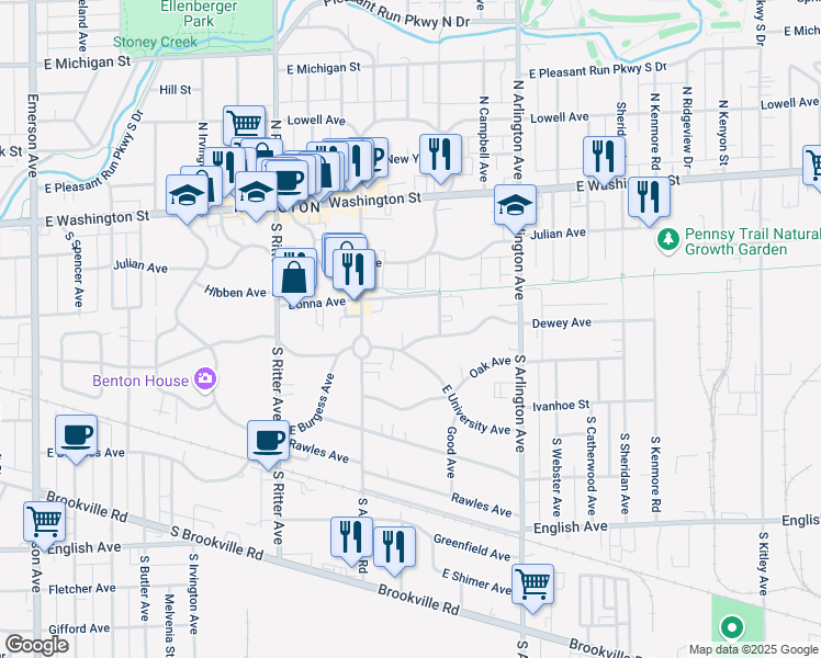 map of restaurants, bars, coffee shops, grocery stores, and more near 5810 Dewey Avenue in Indianapolis
