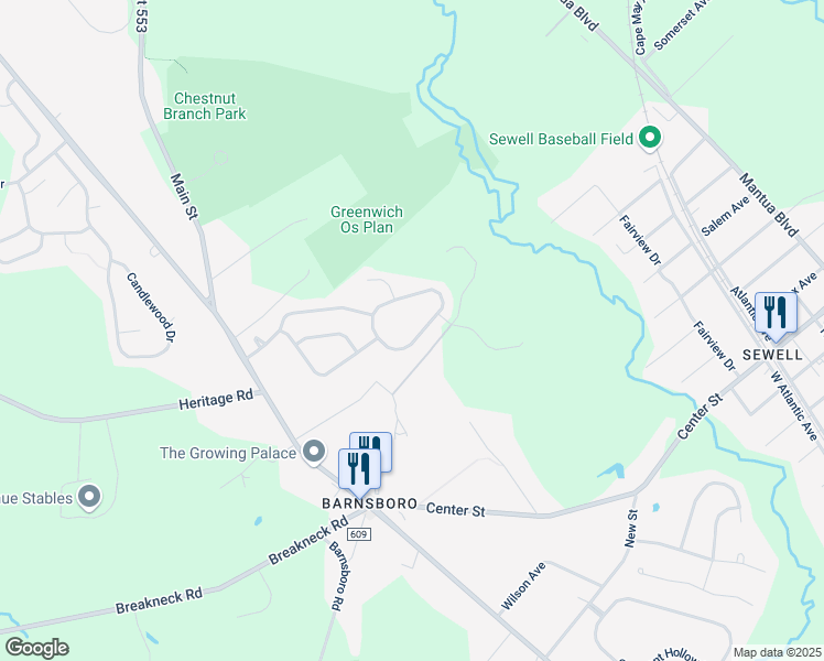 map of restaurants, bars, coffee shops, grocery stores, and more near 49 Deerfield Circle in Mantua Township