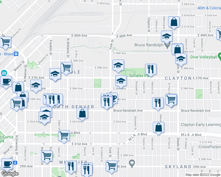 map of restaurants, bars, coffee shops, grocery stores, and more near York St & E 36th Ave in Denver
