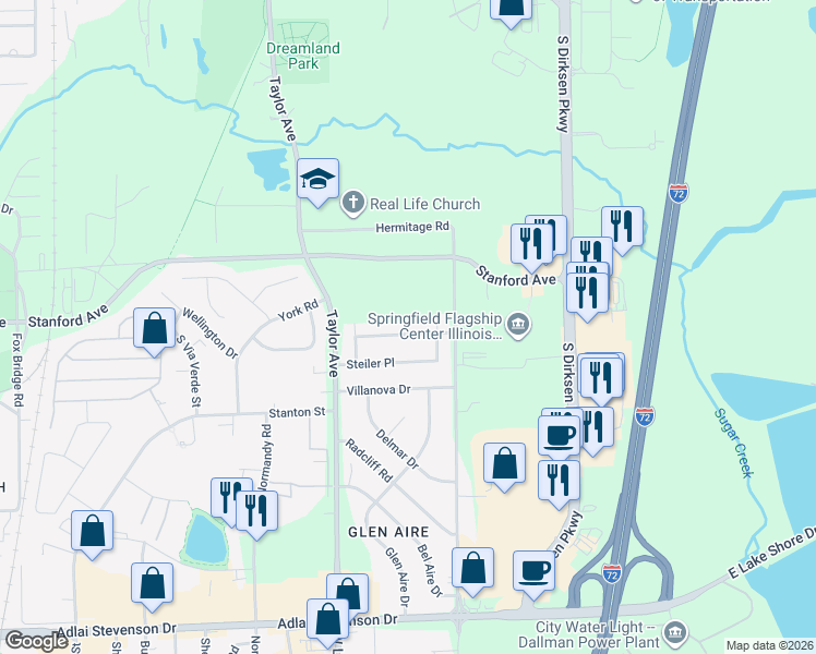 map of restaurants, bars, coffee shops, grocery stores, and more near 2620 Carl Prairie Drive in Springfield