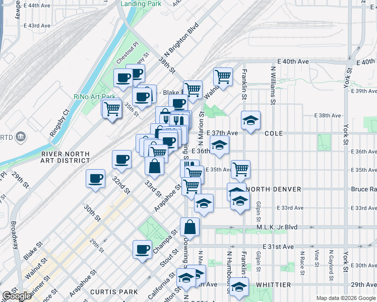 map of restaurants, bars, coffee shops, grocery stores, and more near 3550 North Downing Street in Denver