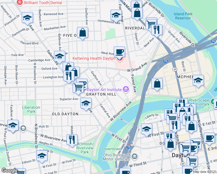 map of restaurants, bars, coffee shops, grocery stores, and more near 531 Belmonte Park North in Dayton