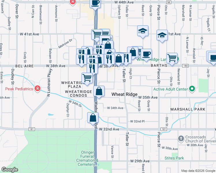 map of restaurants, bars, coffee shops, grocery stores, and more near 320 West 36th Avenue in Wheat Ridge