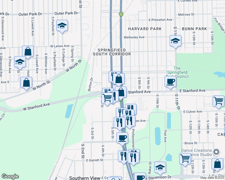 map of restaurants, bars, coffee shops, grocery stores, and more near 4237 South 5th Saint Cutoff in Springfield