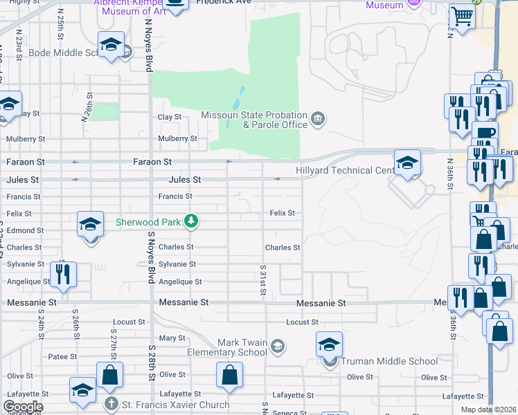 map of restaurants, bars, coffee shops, grocery stores, and more near in Saint Joseph