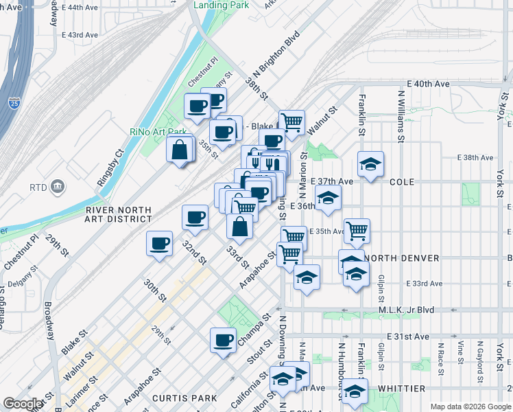 map of restaurants, bars, coffee shops, grocery stores, and more near 1220 35th Street in Denver