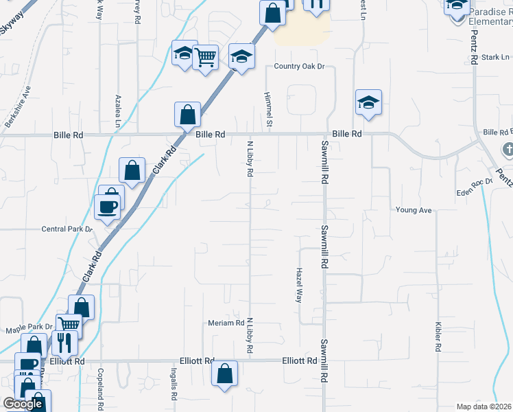 map of restaurants, bars, coffee shops, grocery stores, and more near 1420 Liberty Park Lane in Paradise
