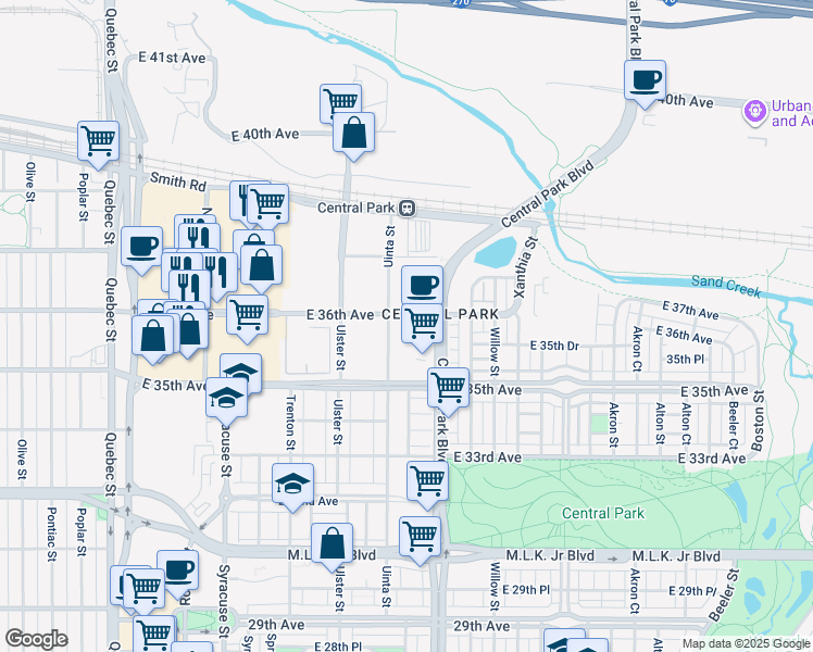 map of restaurants, bars, coffee shops, grocery stores, and more near 3558 Uinta Street in Denver