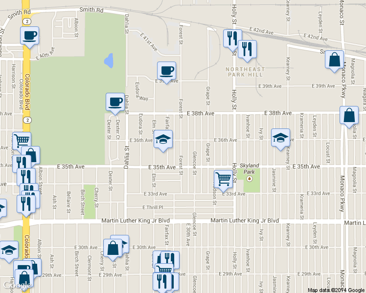 map of restaurants, bars, coffee shops, grocery stores, and more near 3540 Forest Street in Denver