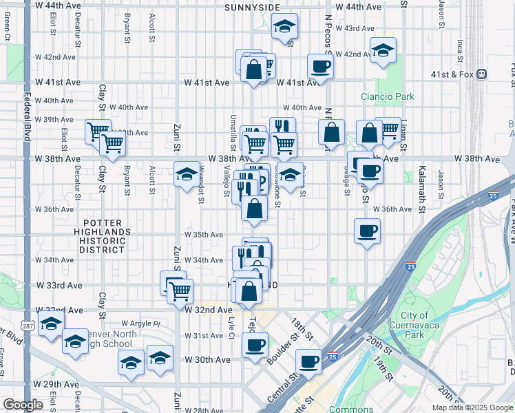 map of restaurants, bars, coffee shops, grocery stores, and more near in Denver