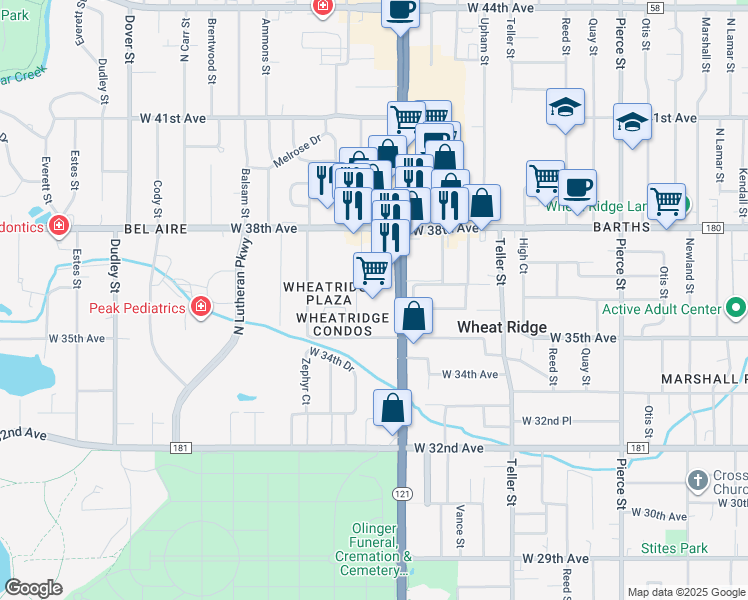 map of restaurants, bars, coffee shops, grocery stores, and more near 3501 Wadsworth Boulevard in Wheat Ridge