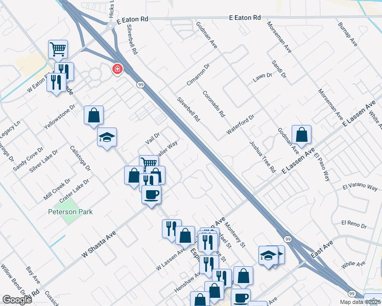 map of restaurants, bars, coffee shops, grocery stores, and more near 285 Bordeaux Court in Chico