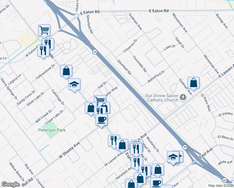 map of restaurants, bars, coffee shops, grocery stores, and more near 285 Bordeaux Court in Chico
