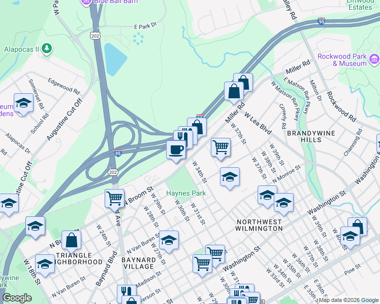 map of restaurants, bars, coffee shops, grocery stores, and more near 3129 Miller Road in Wilmington