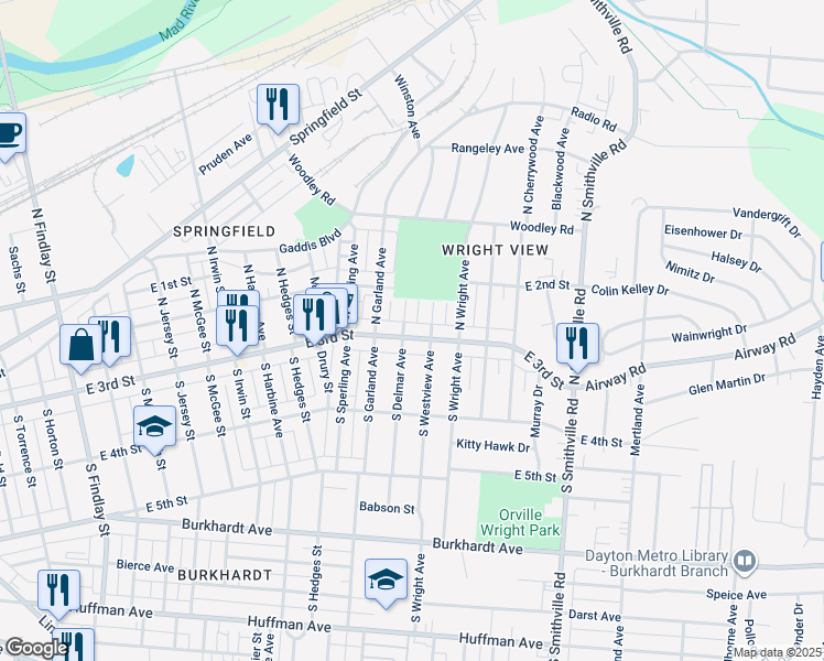 map of restaurants, bars, coffee shops, grocery stores, and more near 3712 East 3rd Street in Dayton