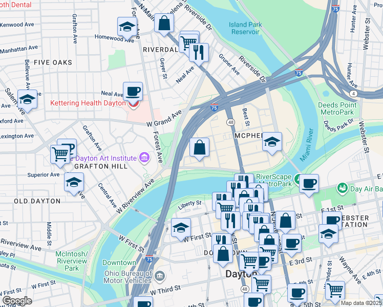 map of restaurants, bars, coffee shops, grocery stores, and more near 10 El Morado Place in Dayton