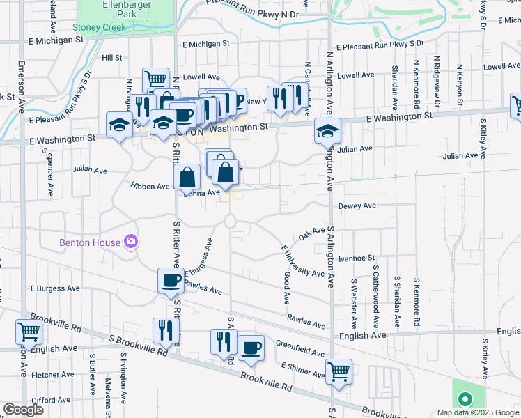 map of restaurants, bars, coffee shops, grocery stores, and more near 5810 Dewey Avenue in Indianapolis