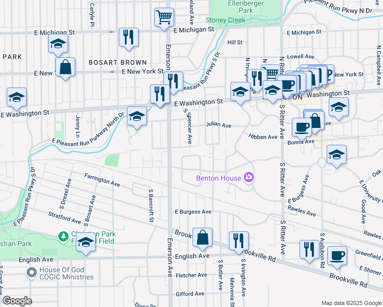 map of restaurants, bars, coffee shops, grocery stores, and more near 5157 Atherton North Drive in Indianapolis