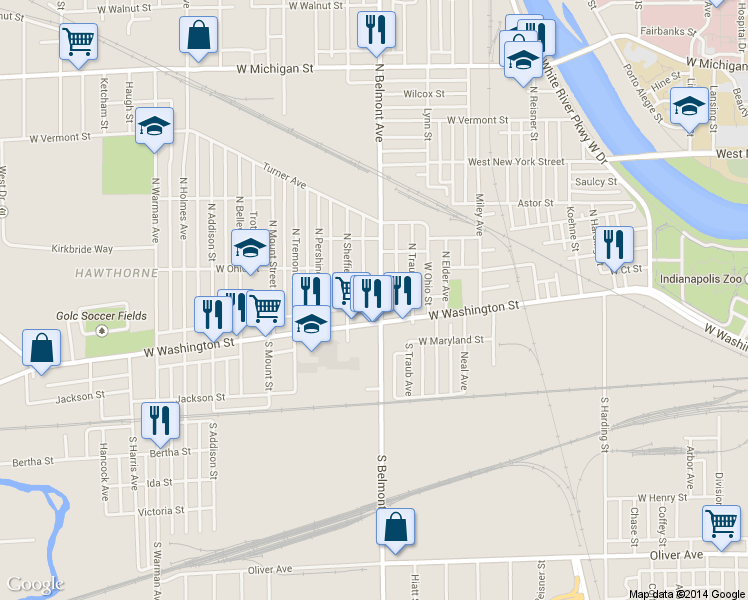 map of restaurants, bars, coffee shops, grocery stores, and more near in Indianapolis