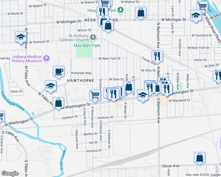map of restaurants, bars, coffee shops, grocery stores, and more near 32 North Belleview Place in Indianapolis
