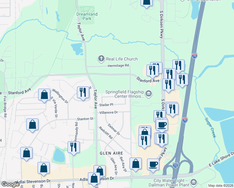 map of restaurants, bars, coffee shops, grocery stores, and more near 2620 Carl Prairie Drive in Springfield