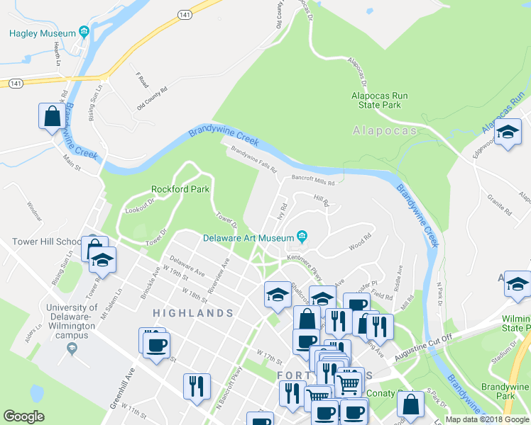 map of restaurants, bars, coffee shops, grocery stores, and more near 33 Rockford Road in Wilmington
